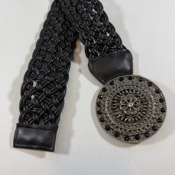 Vintage Braided Leather Medallion Boho Wide Layering Belt - Black Wms Medium - Picture 4 of 8